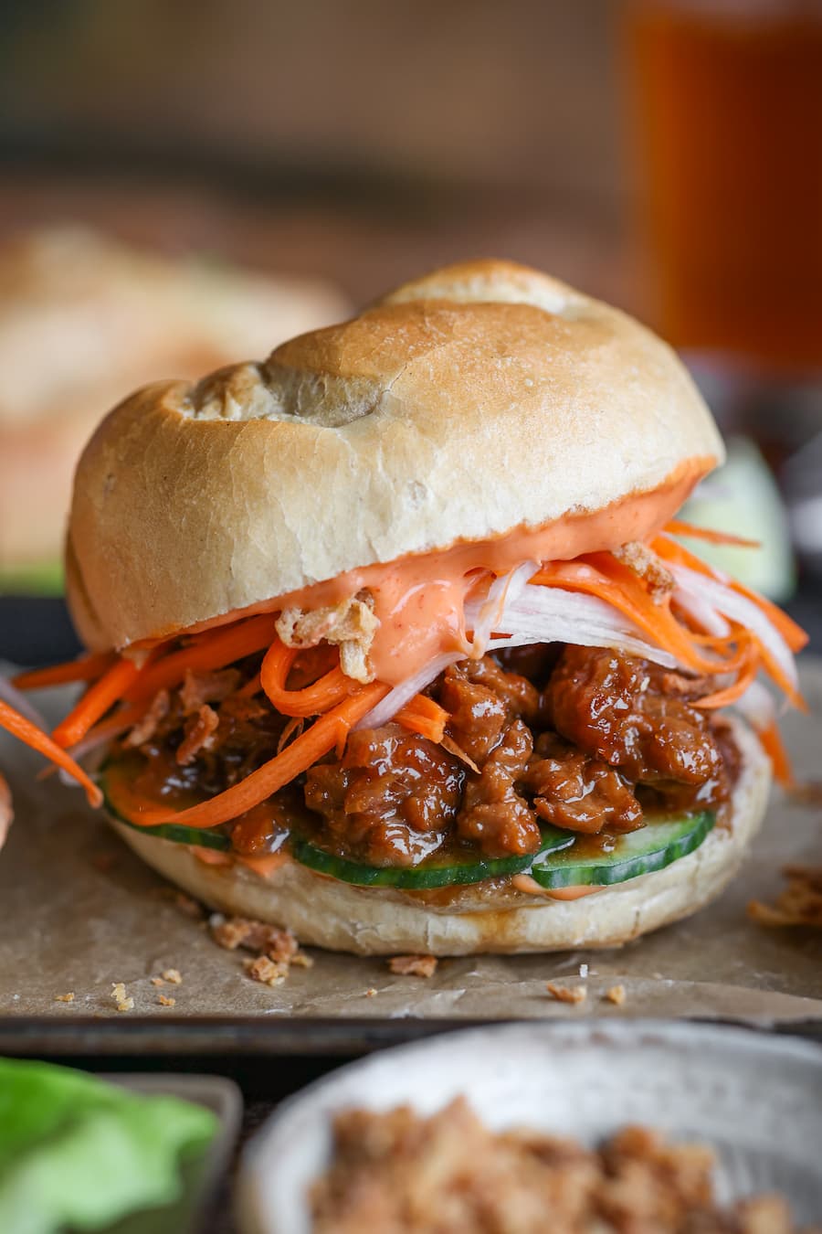 Lemongrass seitan banh mi with fresh herbs and crunchy vegetables